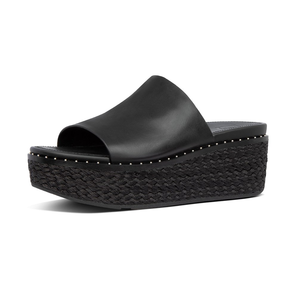 Fitflop Womens Wedge Black - Eloise Espadrille Leather Slides - 61FPAXMOJ